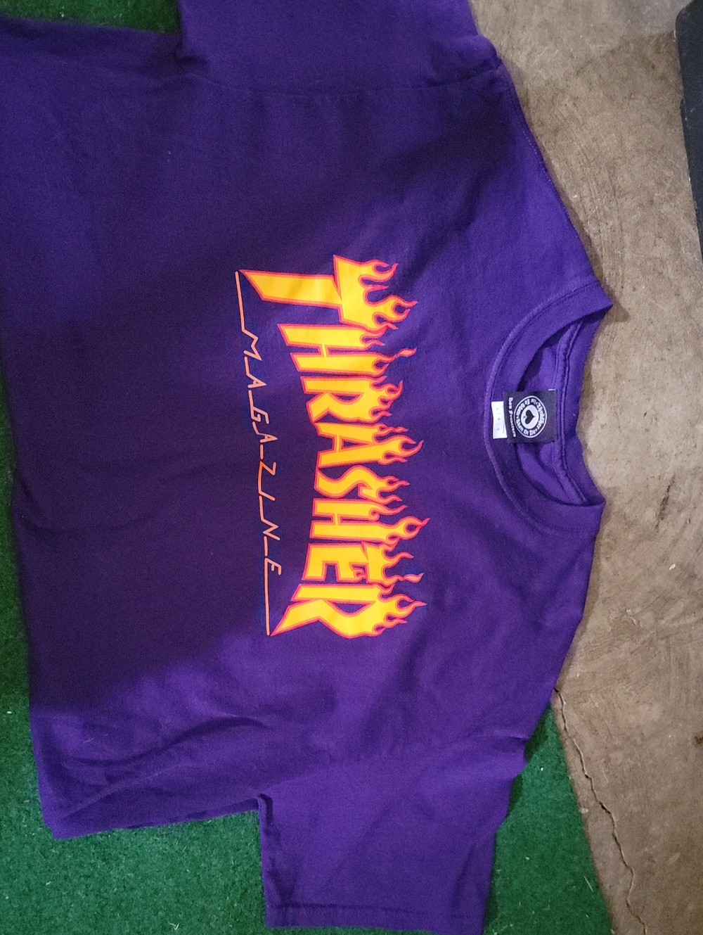 Thrasher Purple Tee with Orange-Yellow Flame Logo